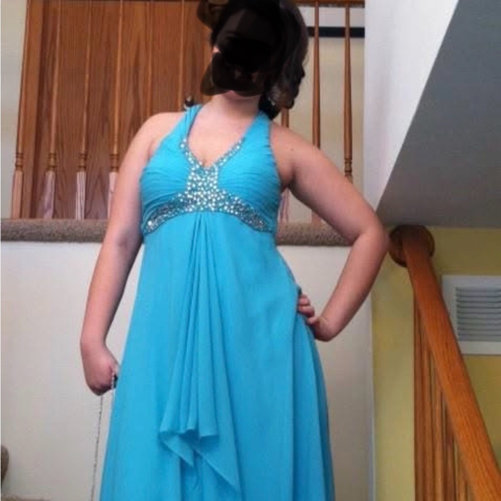 Adrianna Papell Teal Halter Dress with Beaded Embellishment